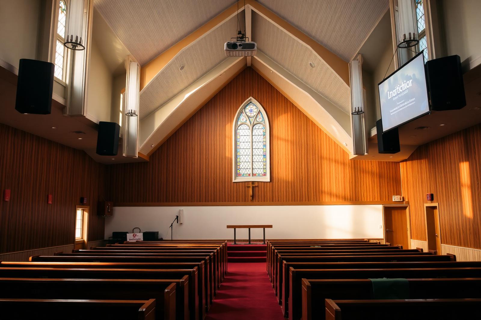 Church sanctuary with mounted speakers and projection