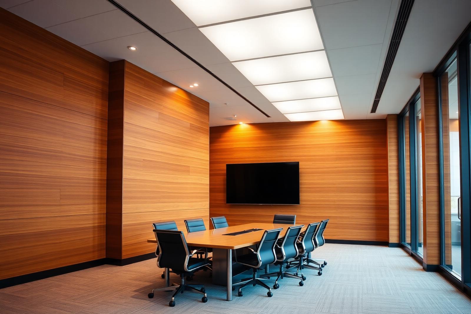 Conference room with mounted display and automated lighting panels installed by PCHT
