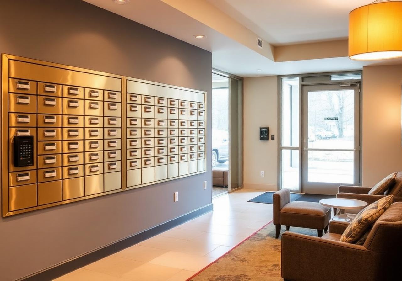 Modern apartment building lobby with brushed-brass mailbox wall