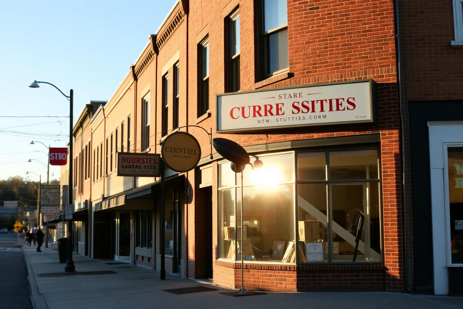 Brick retail storefront at golden hour