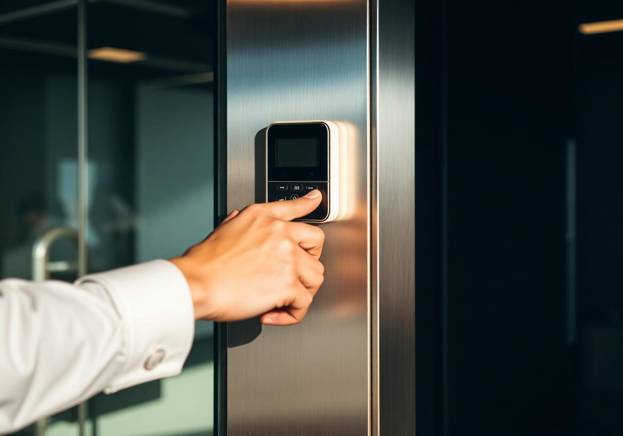Hand reaching for a wall-mounted access-control card reader