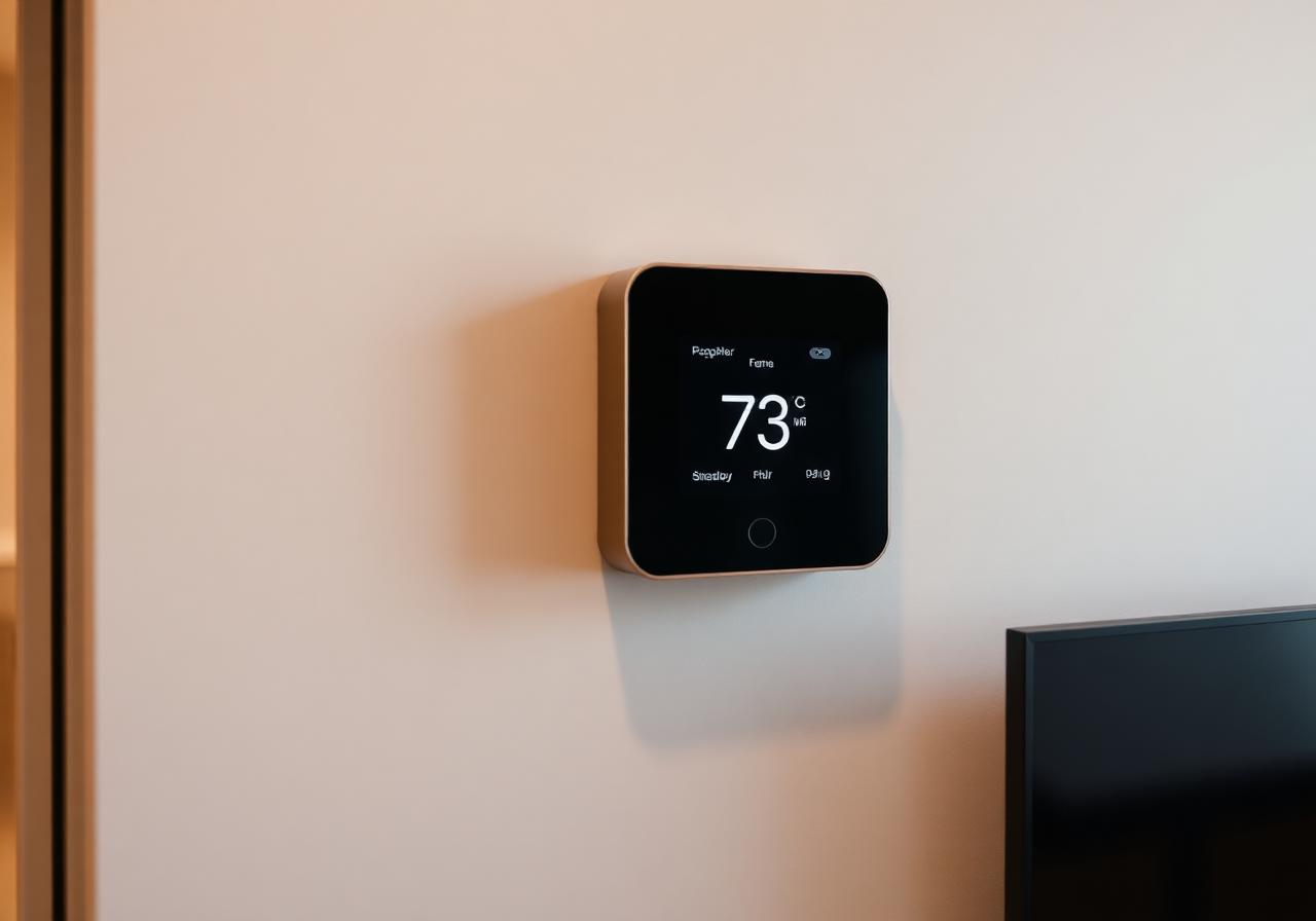Modern smart thermostat mounted on a warm gray wall