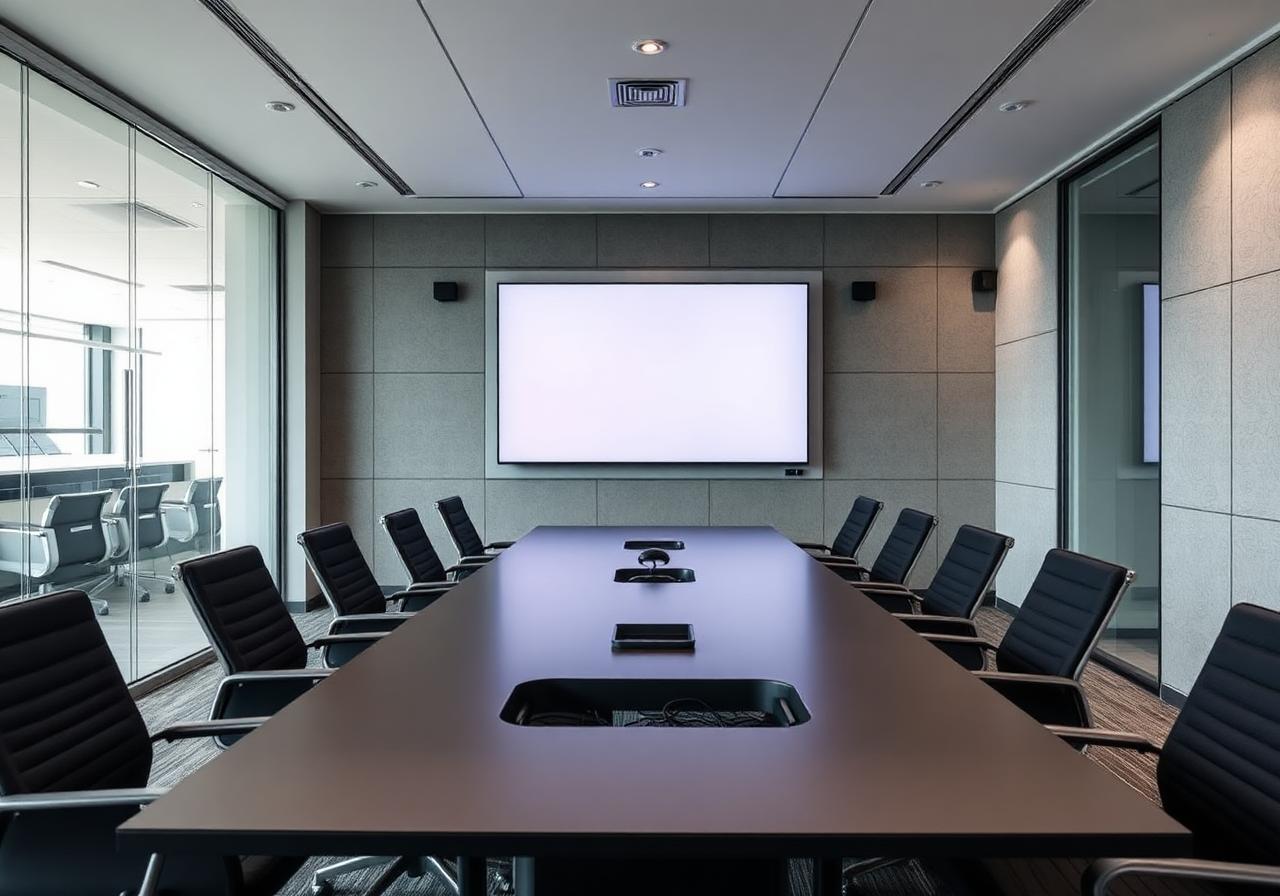 A modern boardroom with a large 4K wall display and acoustic panels