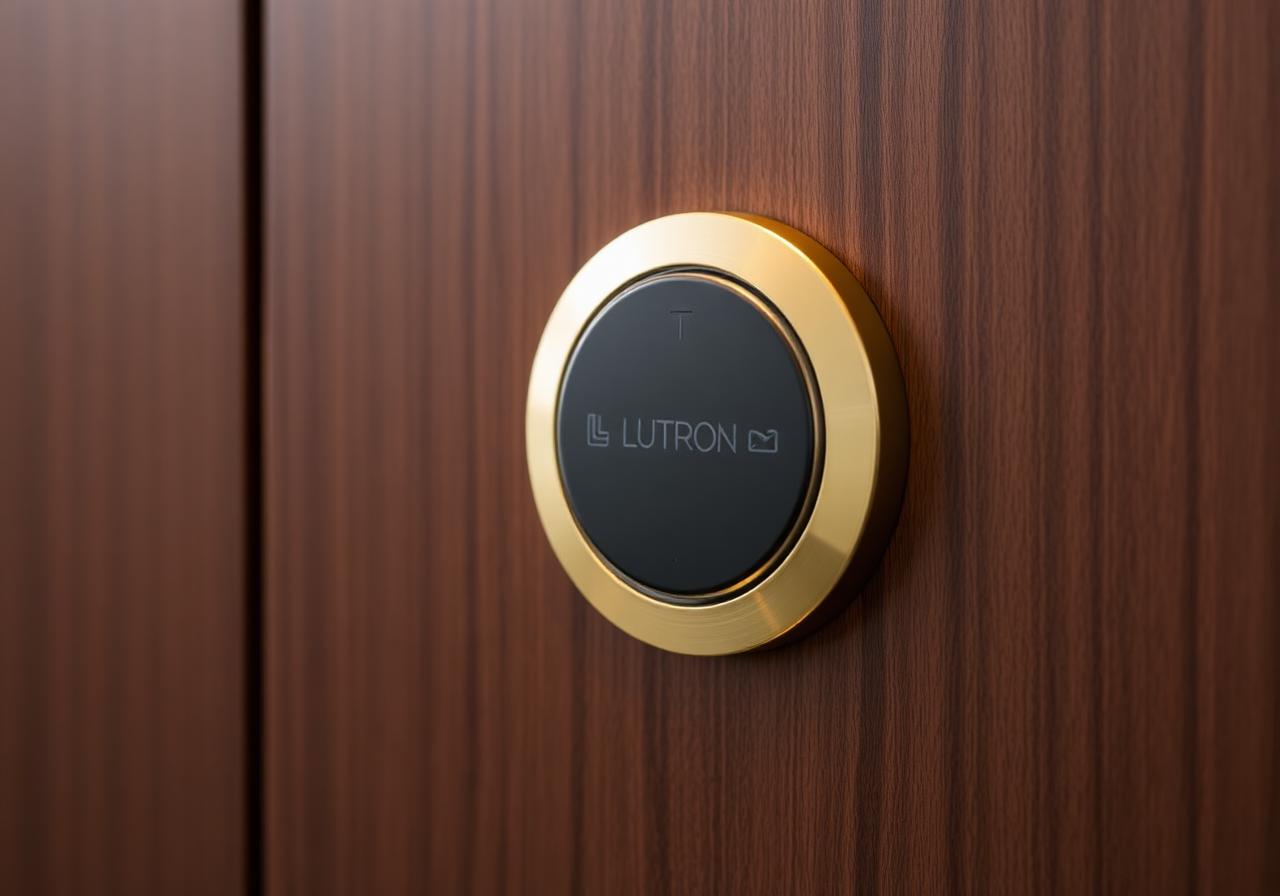 Brushed-brass Lutron lighting keypad on a walnut wall