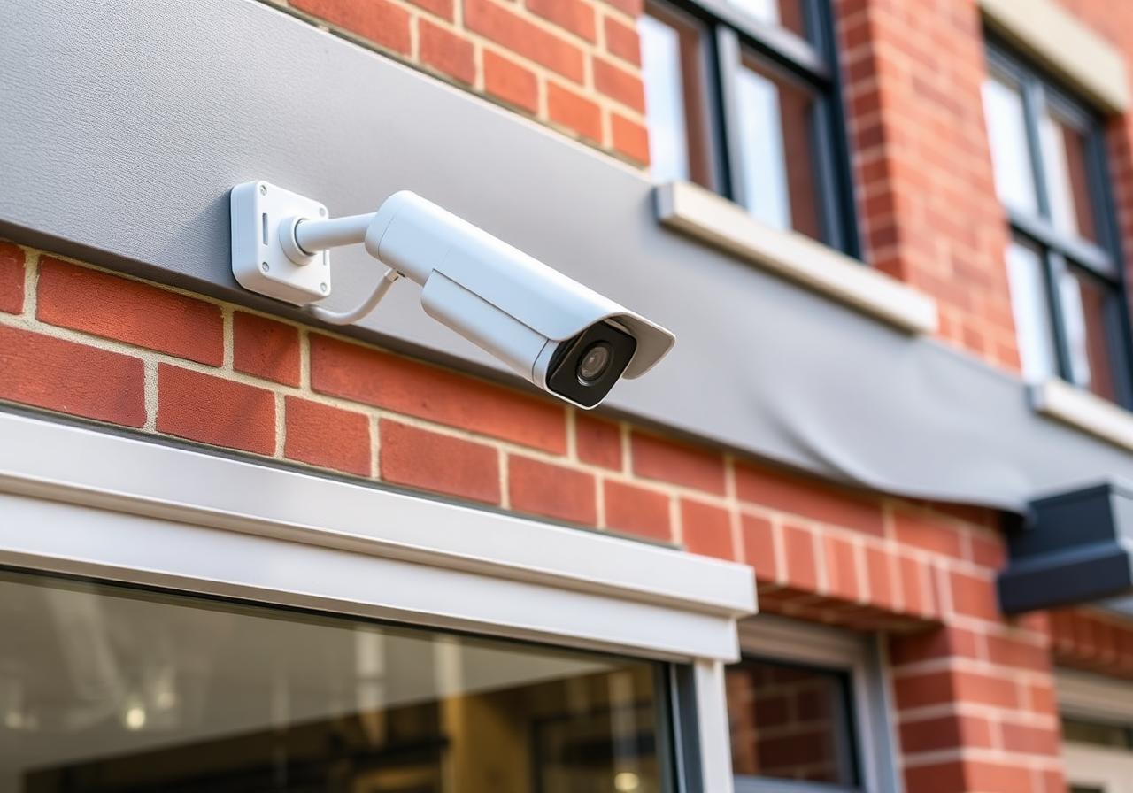White IP security camera mounted on a red brick commercial building