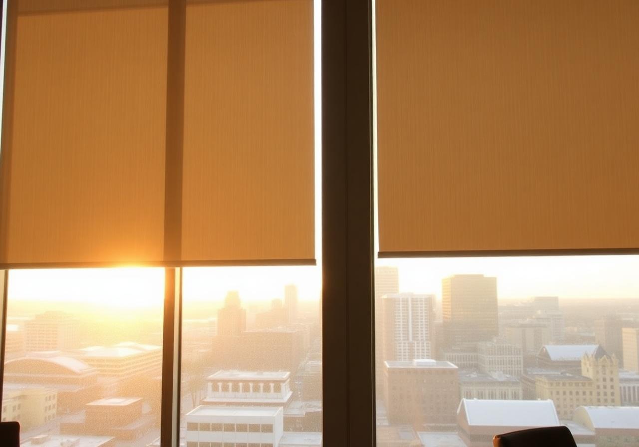 Motorized roller shades descending in an office overlooking the Rochester skyline at sunset