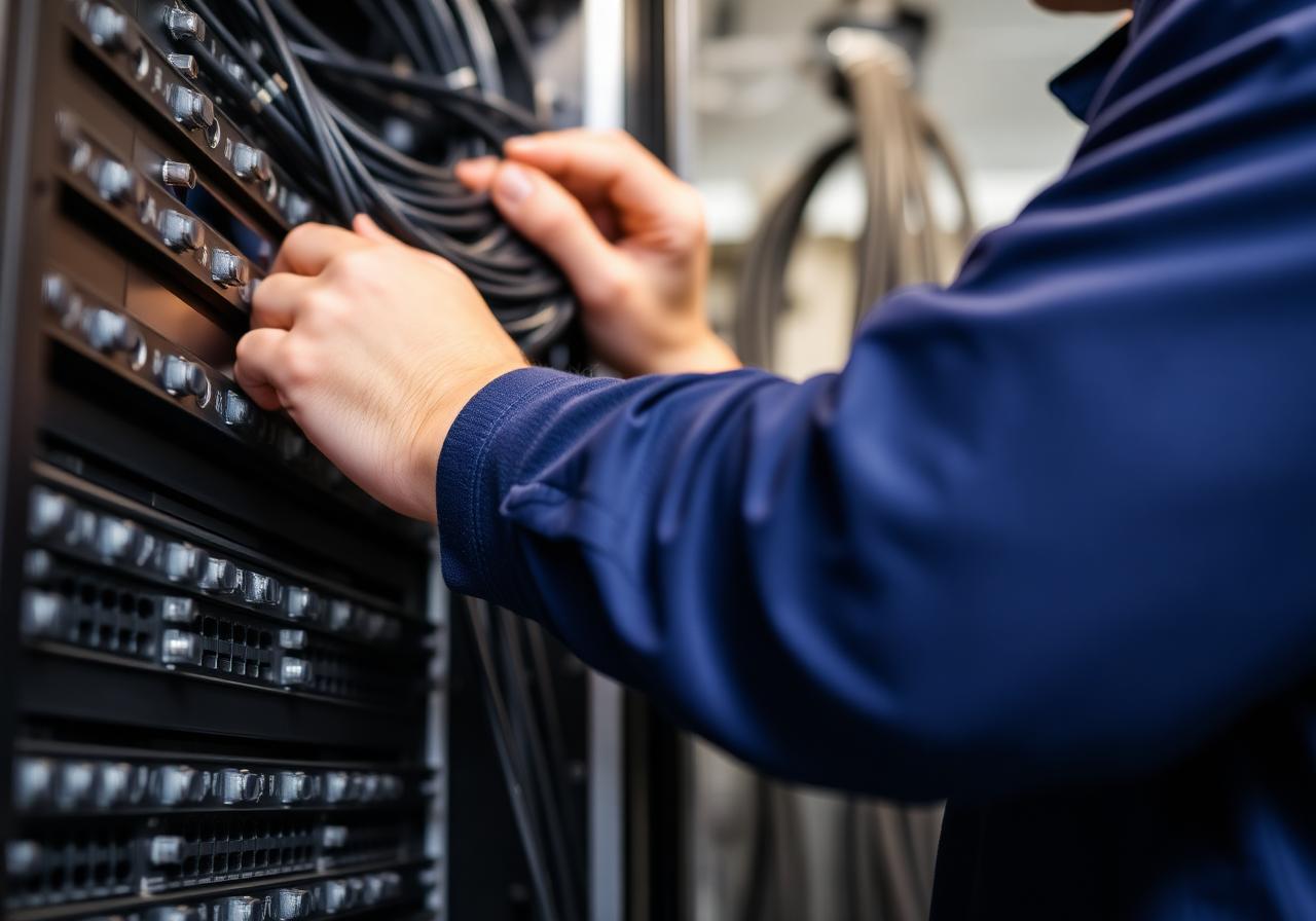 Technician in dark blue work shirt installing a network rack