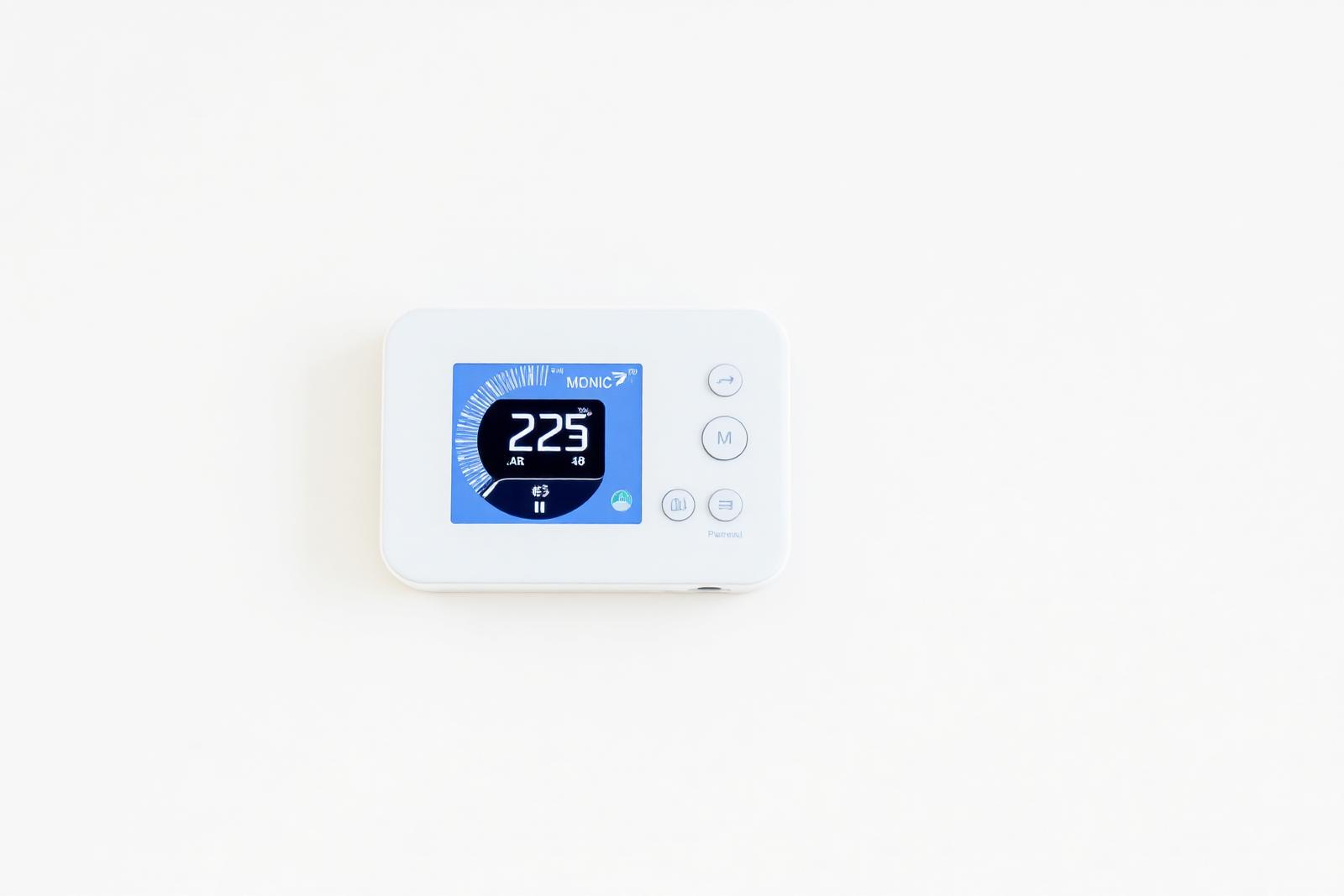 Smart commercial thermostat mounted on white office wall